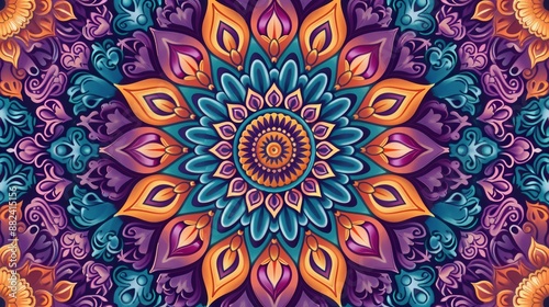 A colorful and intricate design of a flower with a blue center and orange petals. The flower is surrounded by a purple border