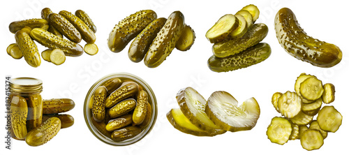 Pickles, Pickled gherkins, Preserved Marinated cucumbers vegetable, many angles and view front pile slice isolated on transparent cutout, PNG file. Mockup template for artwork graphic design