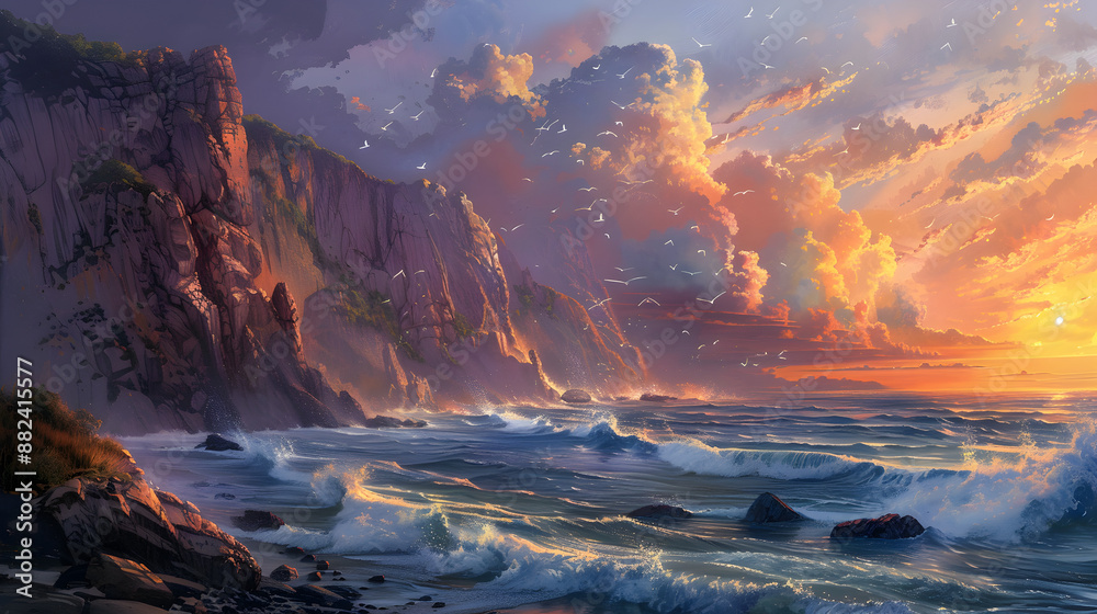 Naklejka premium Scenic coastal cliffs with dramatic rock formations, crashing waves, and a sunset sky, capturing the majesty and power of nature.