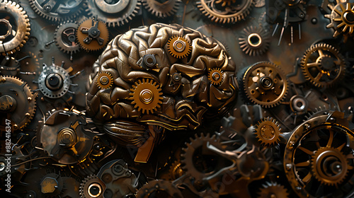 a mechanical brain composed of intricate gears and cogs. Its metallic structure suggests a fusion of biological and mechanical elements © DigitaArt.Creative
