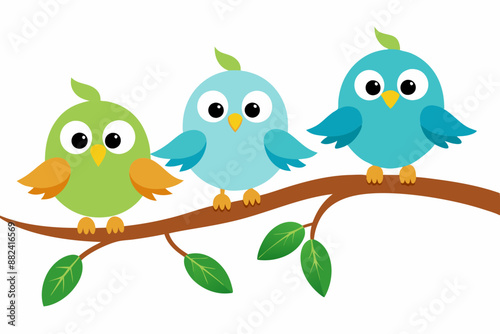Cute cartoon bird on tree vector illustration on white background