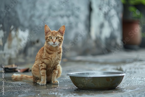 Street Cat Is Spotted Thirstily Searching for Water in an Empty Bowl on the Sidewalk photo