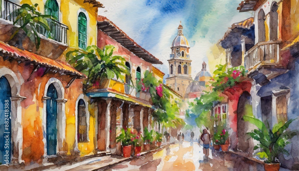 Naklejka premium Calles coloniales cartagena de indias colombia acuarela