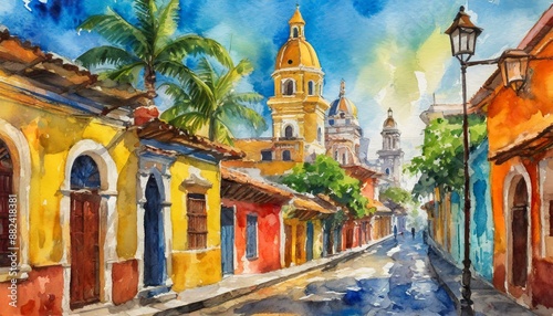 Calles coloniales cartagena de indias colombia acuarela