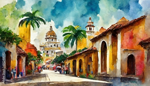 Wallpaper Mural Calles coloniales cartagena de indias colombia acuarela Torontodigital.ca