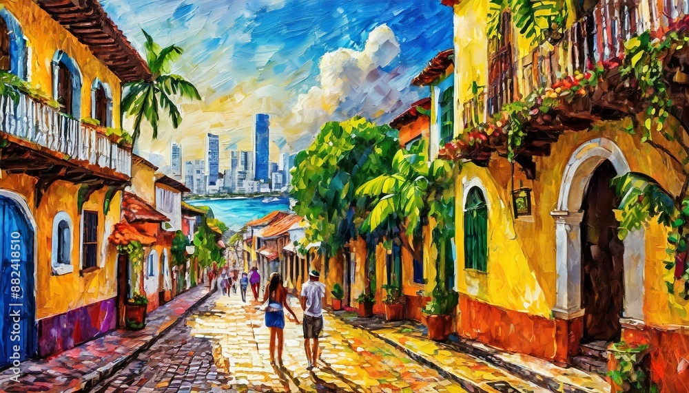 Fototapeta premium Calles coloniales cartagena de indias colombia acuarela