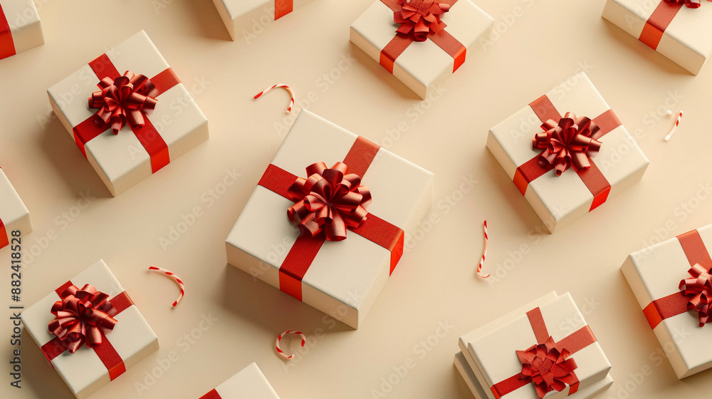 Gift boxes with red ribbon on a light beige background with copyspace Gift boxes with red ribbon on a light beige background with copyspace