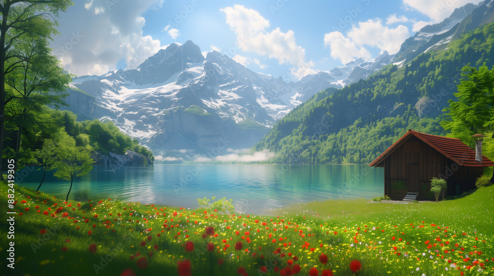 Fototapeta premium relaxing mountain view meadow wildflowers grassland