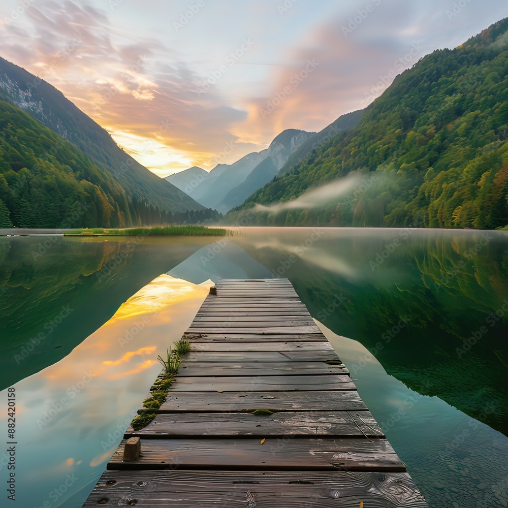 Scenic landscape of a tranquil lake surrounded by lush green mountains at sunrise Scenic landscape of a tranquil lake surrounded by lush green mountains at sunrise