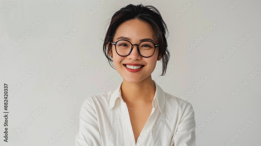 Chinese woman with glasses and white shirt on white background Chinese woman with glasses and white shirt on white background