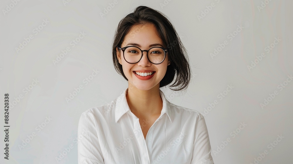 Chinese woman with glasses and white shirt on white background Chinese woman with glasses and white shirt on white background