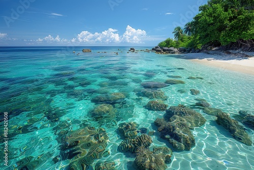 A tropical island with white sandy beaches, crystal-clear water, and colorful coral reefs visible through the water.