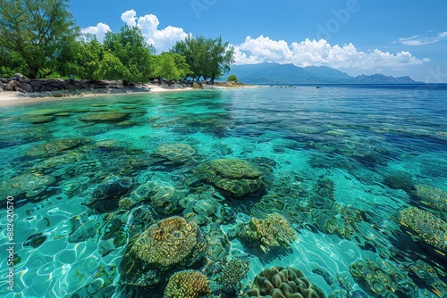 A tropical island with white sandy beaches, crystal-clear water, and colorful coral reefs visible through the water.