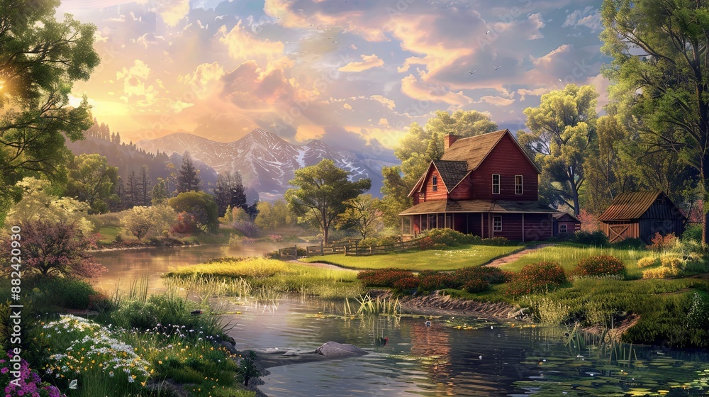 Fototapeta premium Serene Autumn Landscape with Vibrant Trees and River