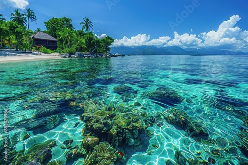 A tropical island with white sandy beaches, crystal-clear water, and colorful coral reefs visible through the water.