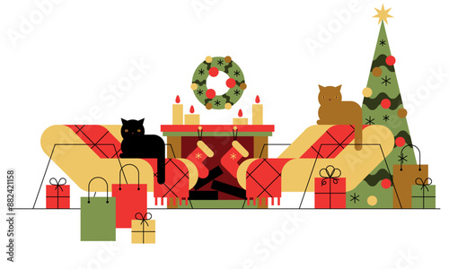 Merry Christmas. Gifts with bows and ribbons, cat, Christmas tree and fireplace with socks, candles. Stack of colorful present gift boxes. Set of wrapped gift boxes