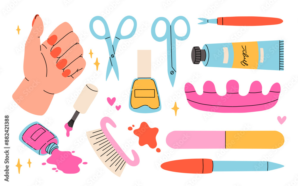 Female hands and Various manicure and pedicure accessories, equipment, tools. Nail scissors, nail file, nail polish, hand cream, brush etc. Hand drawn big colored vector set
