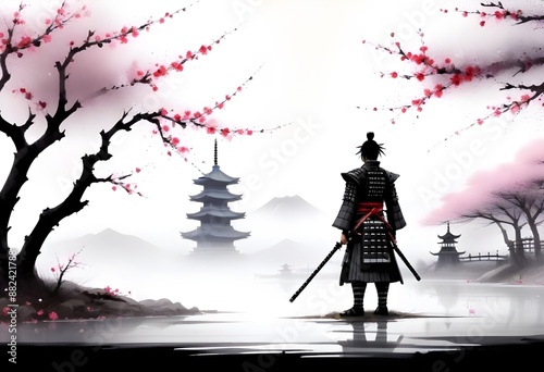 A lone samurai warrior standing in a misty landscape with a Japanese pagoda in the background, surrounded by blooming cherry blossom trees with red petals falling, classical japanese painting photo