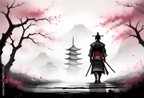 A lone samurai warrior standing in a misty landscape with a Japanese pagoda in the background, surrounded by blooming cherry blossom trees with red petals falling, classical japanese painting photo