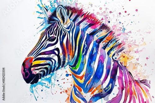 A watercolor painting of a zebras head with splashes of color