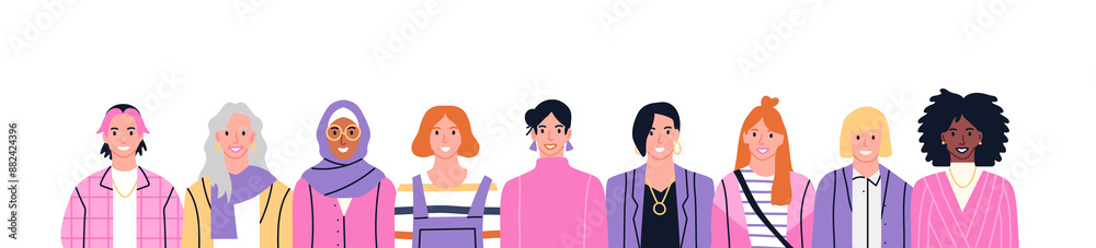 Diverse happy woman people group on isolated white background. All women team, modern flat cartoon crowd. Multi-ethnic girls smiling team dressed in pink.
Diverse happy woman people group on isolated white background. All women team, modern flat cartoon crowd. Multi-ethnic girls smiling team dressed in pink.