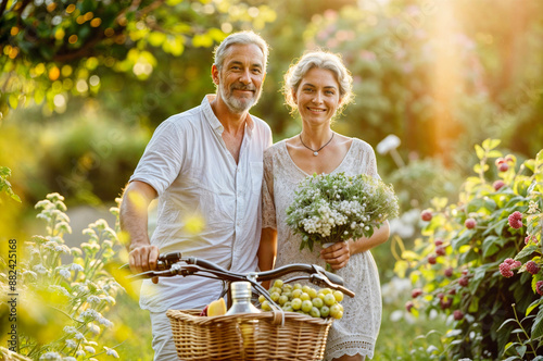 Fototapeta Naklejka Na Ścianę i Meble -  Senior couple with bike, picnic basket. Happy mature people with bicycle. Adult family outside. Woman with summer flower, elderly man on nature background. Healthy park lifestyle. Cycle vintage garden