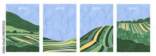 Abstract vector design with green field, wheat, rice, tea plantation. Geometric pattern, watercolor textures. Eco-friendly agriculture, modern elegance. Artistic farm illustration, natural countryside