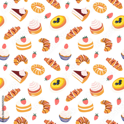 Hand drawn vintage dessert food seamless pattern. Sweet pastry background illustration with retro bakery goods, cup cake wallpaper. Bistro design texture, restaurant print.	
 photo