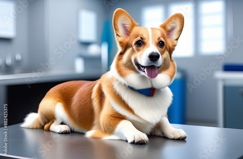 The corgi dog lie on a table in the veterinary office