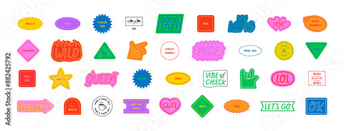 Set of fun colorful sticker illustration. Retro 90s style hand drawn doodle quote label collection, funny chat text icon with modern slang and positive words. Isolated flat cartoon clip art bundle.	
