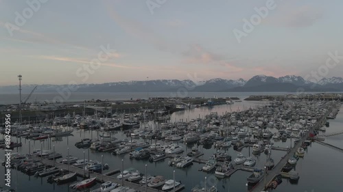 Drone footage at sunset over Homer Spit, Alaska, USA	