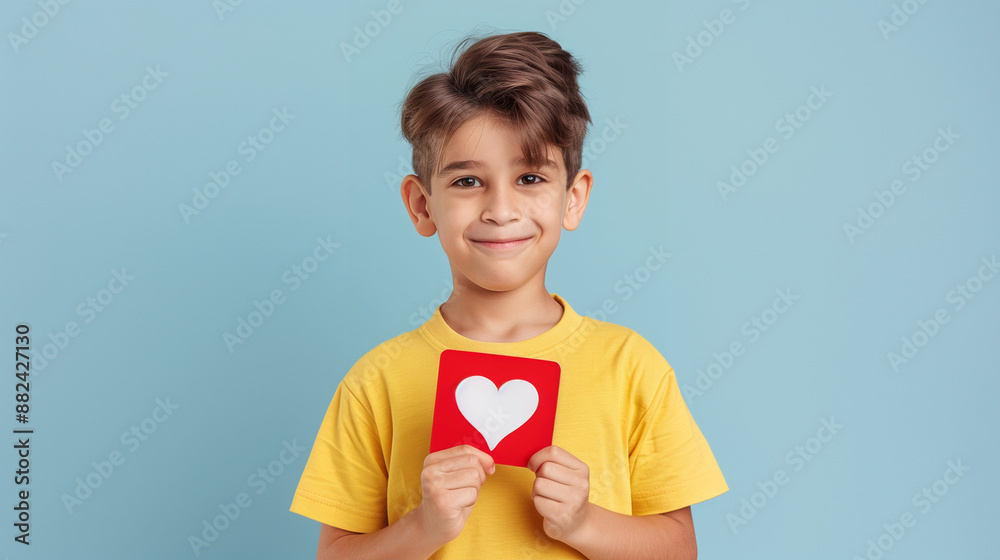 Happy Child Holding Heart Symbol Card on Blue Background. Cute Smiling Young Boy in Yellow T-shirt Happy Child Holding Heart Symbol Card on Blue Background. Cute Smiling Young Boy in Yellow T-shirt