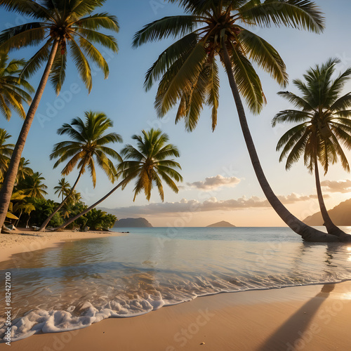 Playa tropical paradisíaca con un mar en calma palmeras islas de fondo y un atardecer 