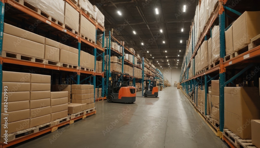 Industrial warehouse storage with stacked boxes on pallets and forklifts Industrial warehouse storage with stacked boxes on pallets and forklifts
