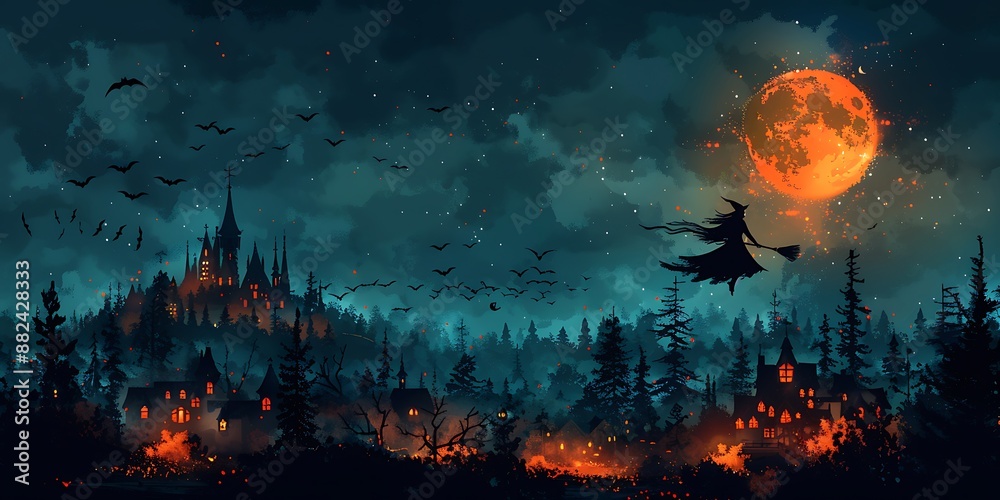 Obraz premium A witch flying on a broomstick over a spooky village on Halloween night