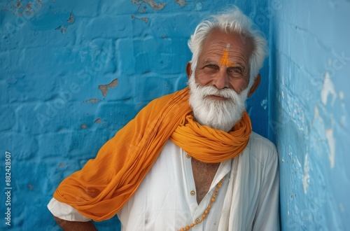 Elderly Man With White Hair and Beard Wearing Orange Scarf in Front of Blue Wall