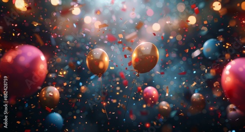Colorful Balloons and Confetti Falling Against a Blue Background