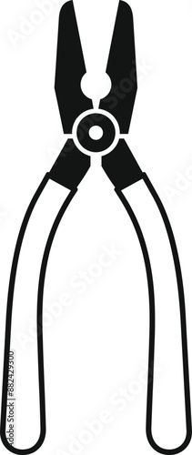 Black silhouette of pliers with rubber handles for working with electricity, isolated on a white background