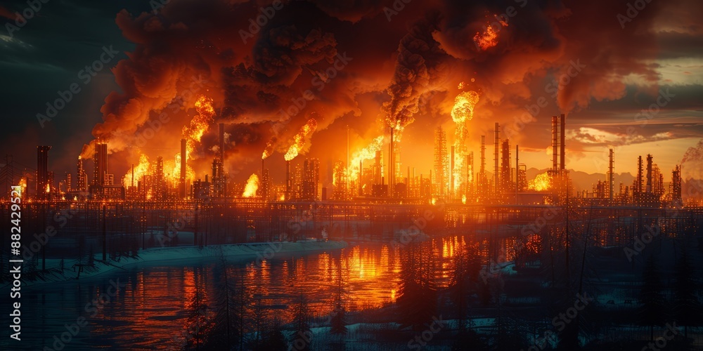 Massive industrial fire causing widespread toxic smoke, impacting air quality and public health, highlighting the dangers of industrial accidents Massive industrial fire causing widespread toxic smoke, impacting air quality and public health, highlighting the dangers of industrial accidents