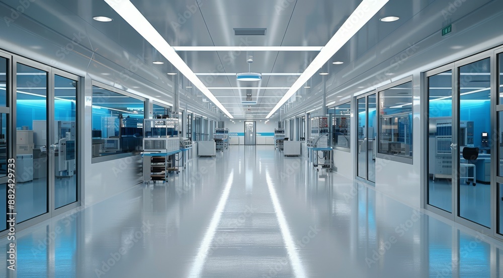 Modern Cleanroom Interior With Glass Walls and Bright Lighting Modern Cleanroom Interior With Glass Walls and Bright Lighting