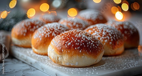 Deliciously Glazed Buns With Powdered Sugar on a White Surface
