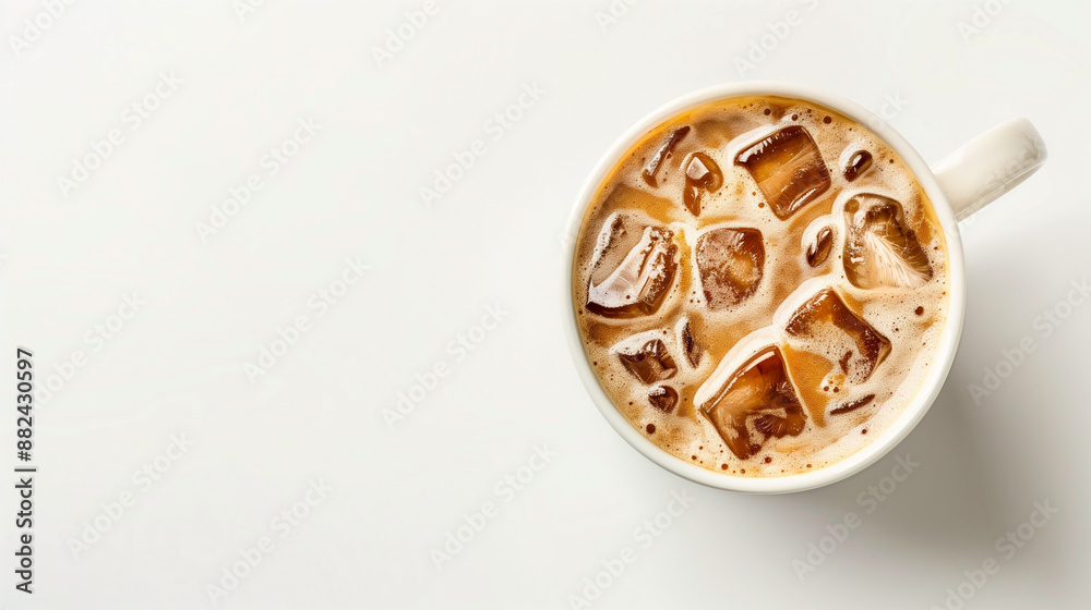 Ice latte in a mug, top view, white background Ice latte in a mug, top view, white background