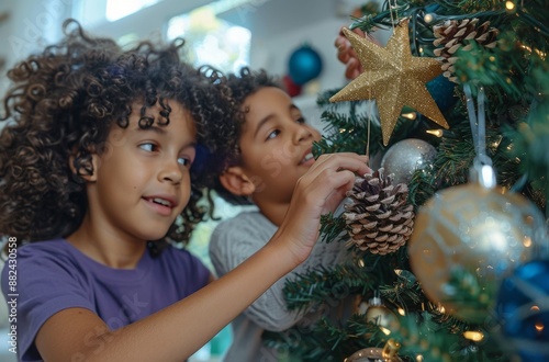 Young Girl Decorating Christmas Tree With Shiny Star Ornament