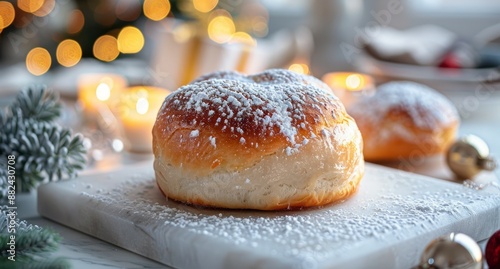 Powdered Sugar Covered Bread Roll on Marble Board During Holiday Season