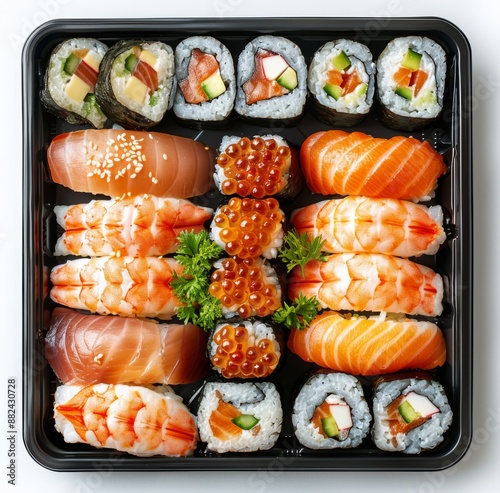 Assorted Sushi and Nigiri in a Black Plastic Takeout Container