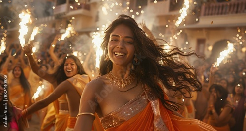Woman in Orange Sari Dancing at a Festive Event