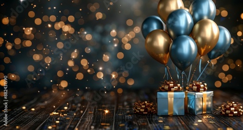 Blue And Gold Balloons With Gifts On A Wooden Table Against A Bokeh Background