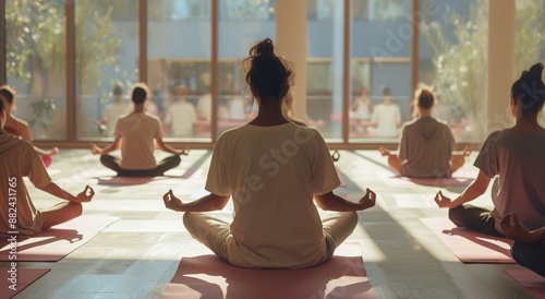 Yoga Class In A Modern Studio With Large Windows