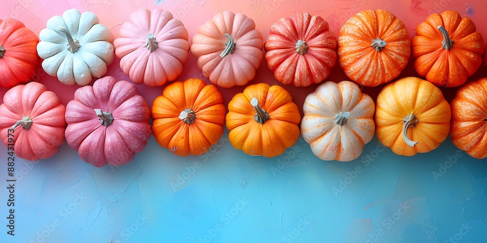 Colorful pumpkins on a pastel background with copy space Colorful pumpkins on a pastel background with copy space