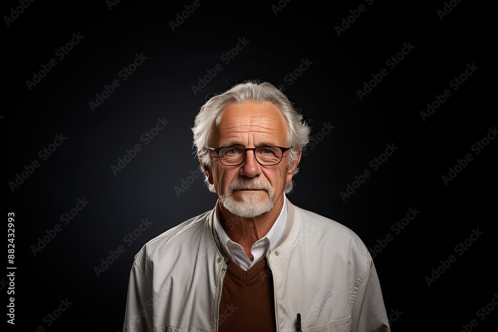 The man is looking at the camera with a pensive expression. He is wearing a light-colored shirt and has a brown sweater vest. The background is a dark neutral color The man is looking at the camera with a pensive expression. He is wearing a light-colored shirt and has a brown sweater vest. The background is a dark neutral color